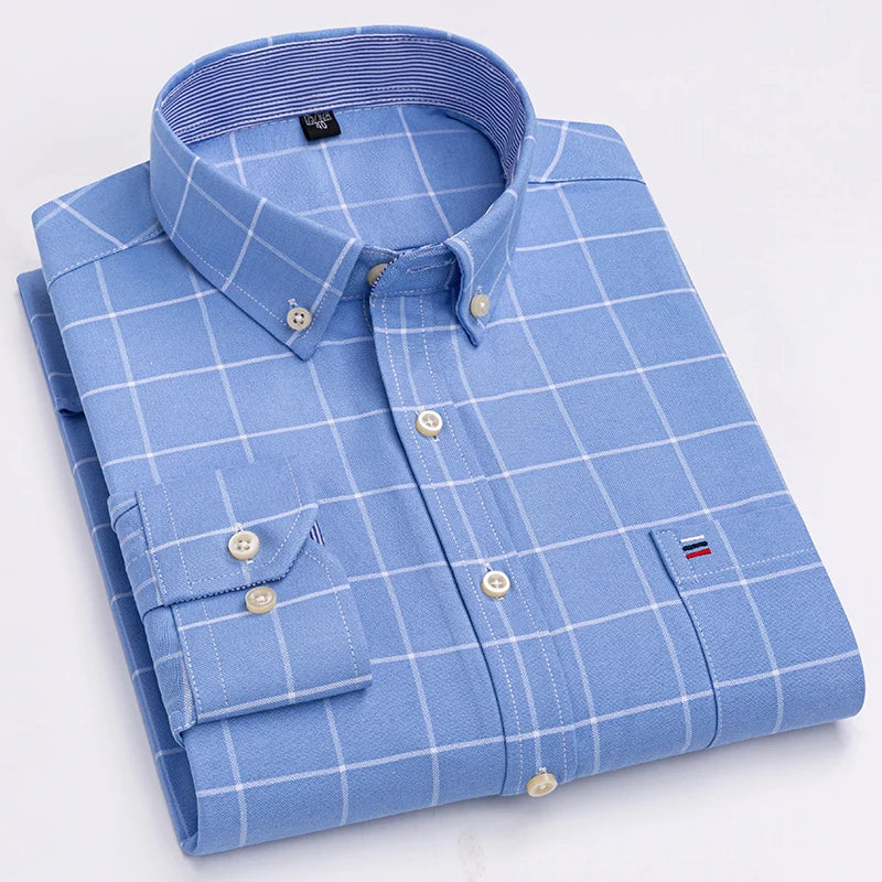 Men's 100% Cotton Oxford Plaid Shirt - Soft Regular Fit Long Sleeve Formal Dress Shirt with Pocket S-7XL