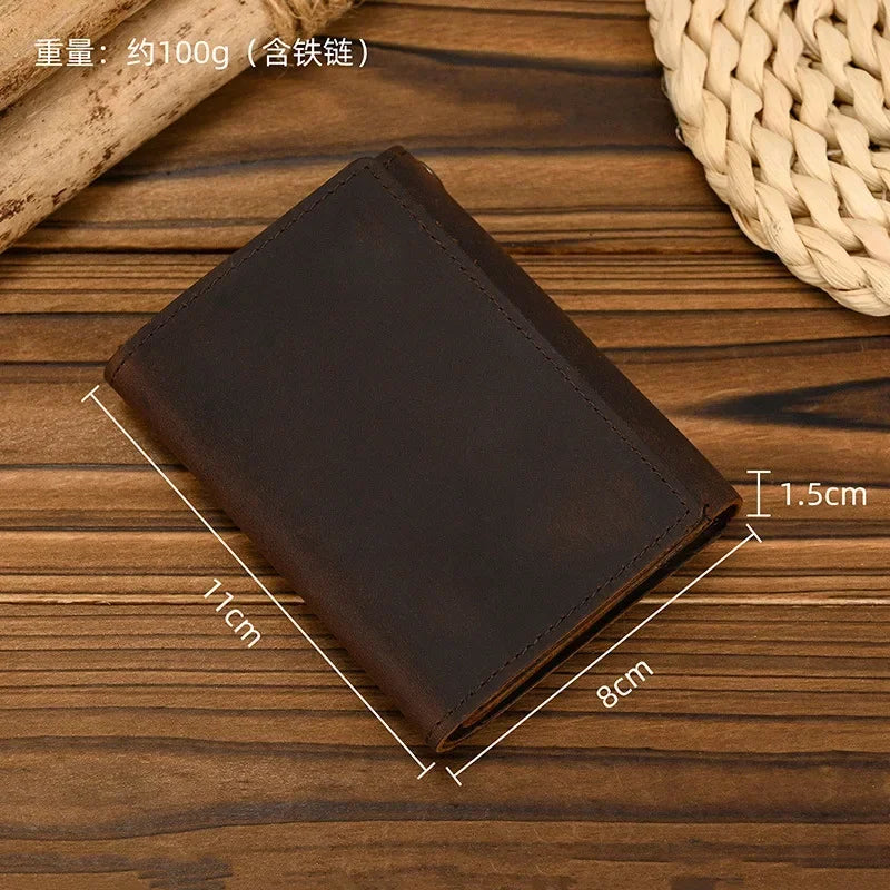 Men’s Genuine Leather Short Wallet with Chain – Trifold Zipper Clutch, Card Holder & Coin Purse