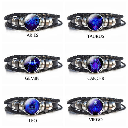 New Men's 12 Constellation Black Braided Leather Bracelet – Punk Style Zodiac Sign Multilayer Wrap Bracelet for Birthday Gifts