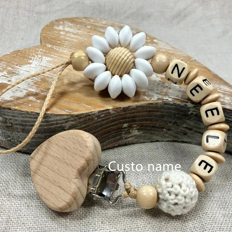 DIY Custom Name Silicone Beads & Wooden Ring Pacifier Clip – Safe Baby Teether, Eco-Friendly Dummy Chain Gift