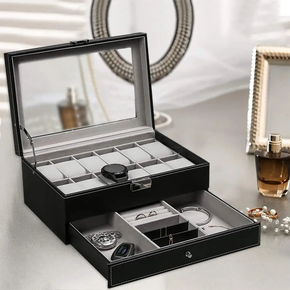 2024 12-Slot Leather Watch Storage Box — Lockable 2-Tier Organizer & Jewelry Display Drawer for Men & Women
