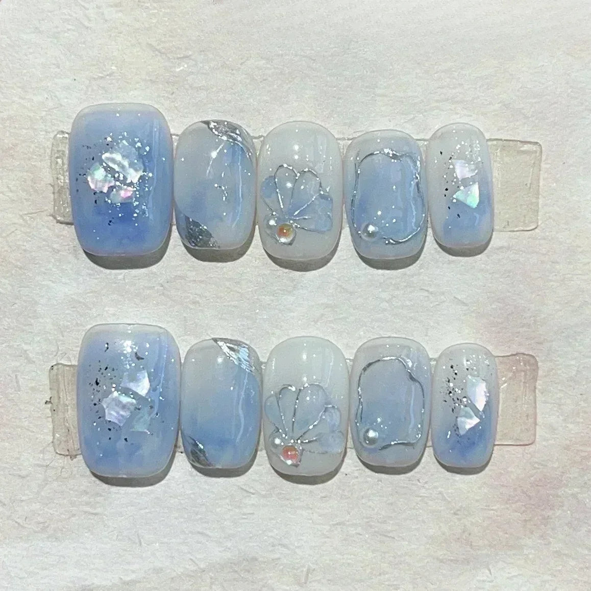 10 Pcs Handmade Short Square Press-On Nails – Full Cover Flower & Cat Eye Ballet False Nails Manicure Tips