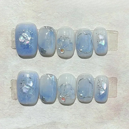 10 Pcs Handmade Short Square Press-On Nails – Full Cover Flower & Cat Eye Ballet False Nails Manicure Tips