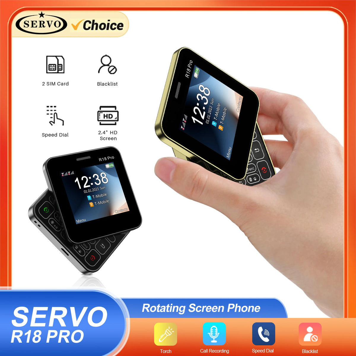 SERVO Rotating Mini Phone - 2G GSM Dual SIM Mobile Phone with FM Radio, MP4 Player & Flashlight