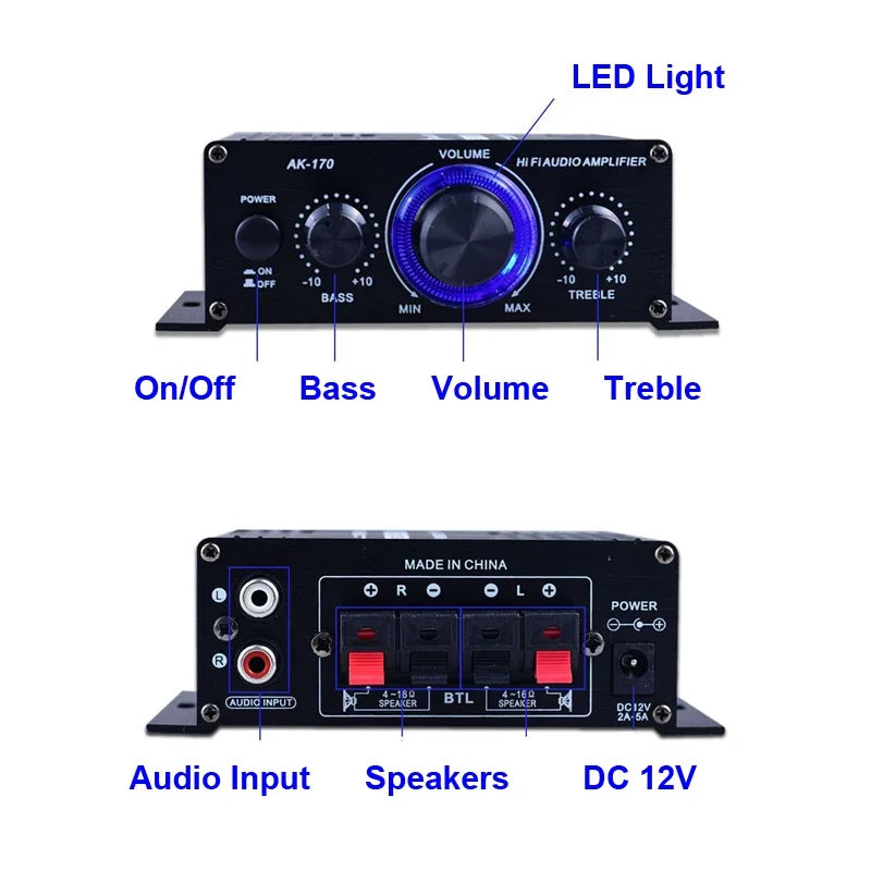 AK170 Mini Digital Power Amplifier – 200Wx2 Stereo Audio Amplifier with Blue Light for Home Theater & Party Music