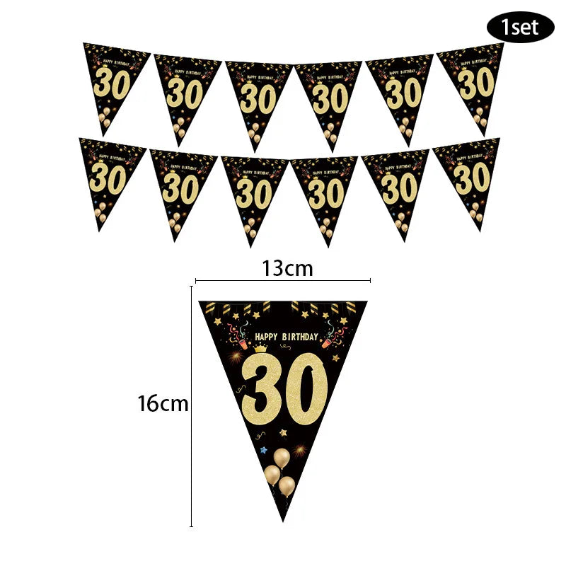 30th, 40th, 50th, 60th Birthday Paper Banner - Happy Birthday Garland for Adult Party Decorations, Black Flags for Anniversaire