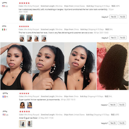 Alibele Mongolian Afro Kinky Curly Drawstring Ponytail – 4B/4C Remy Human Hair Extensions 10-28 Inch Clip-In