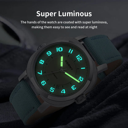 BERNY Women’s Mechanical Watch — Self-Wind Pillow Cushion Design with Sapphire Crystal, Super Luminous Display, Canvas Strap, and Calendar Function