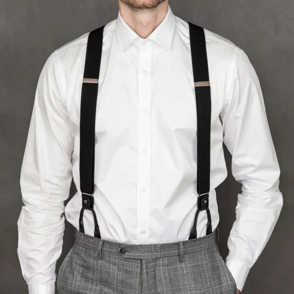 Vintage Leather Trimmed Suspenders for Men & Women | Button End Y-Back | Adjustable Elastic Trouser Braces Straps for Wedding Party