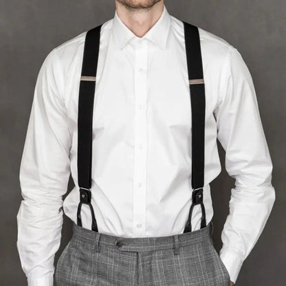 Vintage Leather Trimmed Suspenders for Men & Women | Button End Y-Back | Adjustable Elastic Trouser Braces Straps for Wedding Party