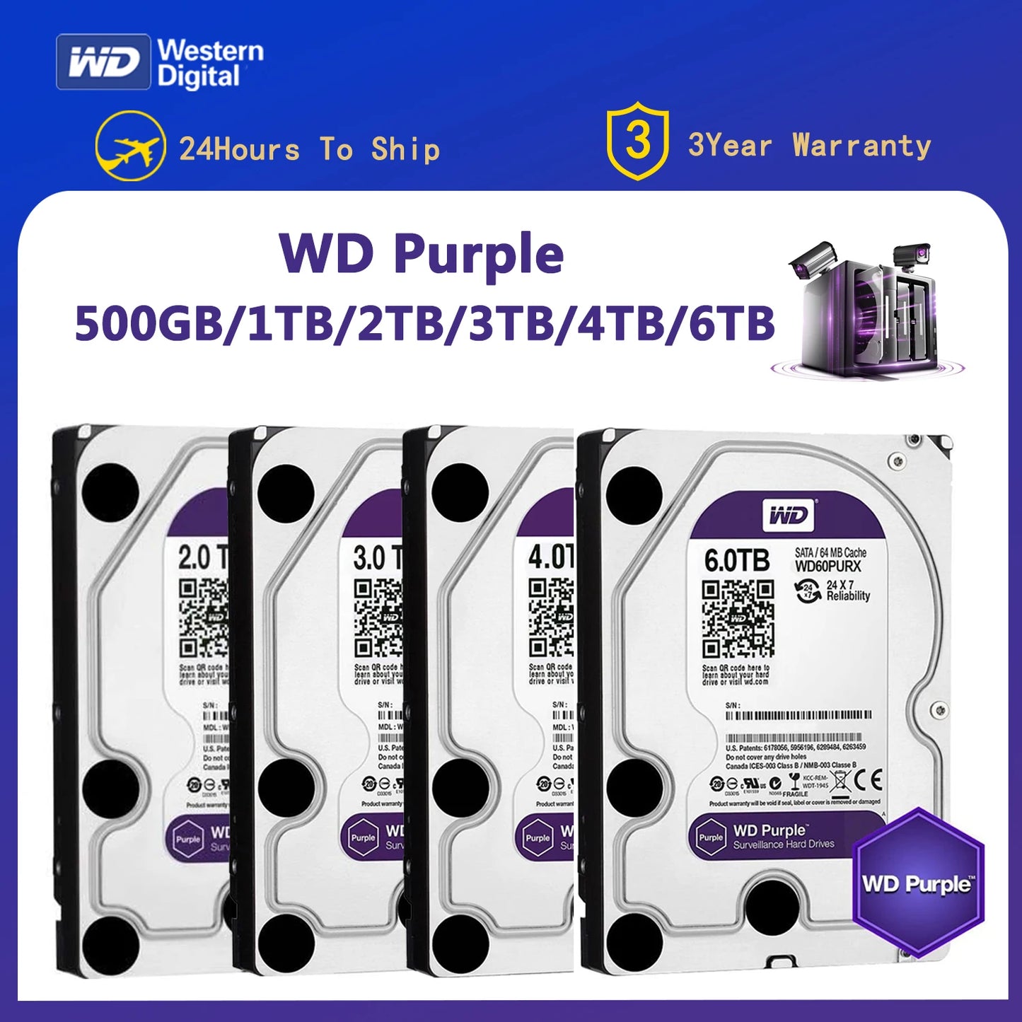 WD Purple 1TB 2TB 3TB 4TB 6TB Surveillance HDD 3.5" SATA III 6Gb/s 64MB Cache Hard Drive for CCTV DVR NVR