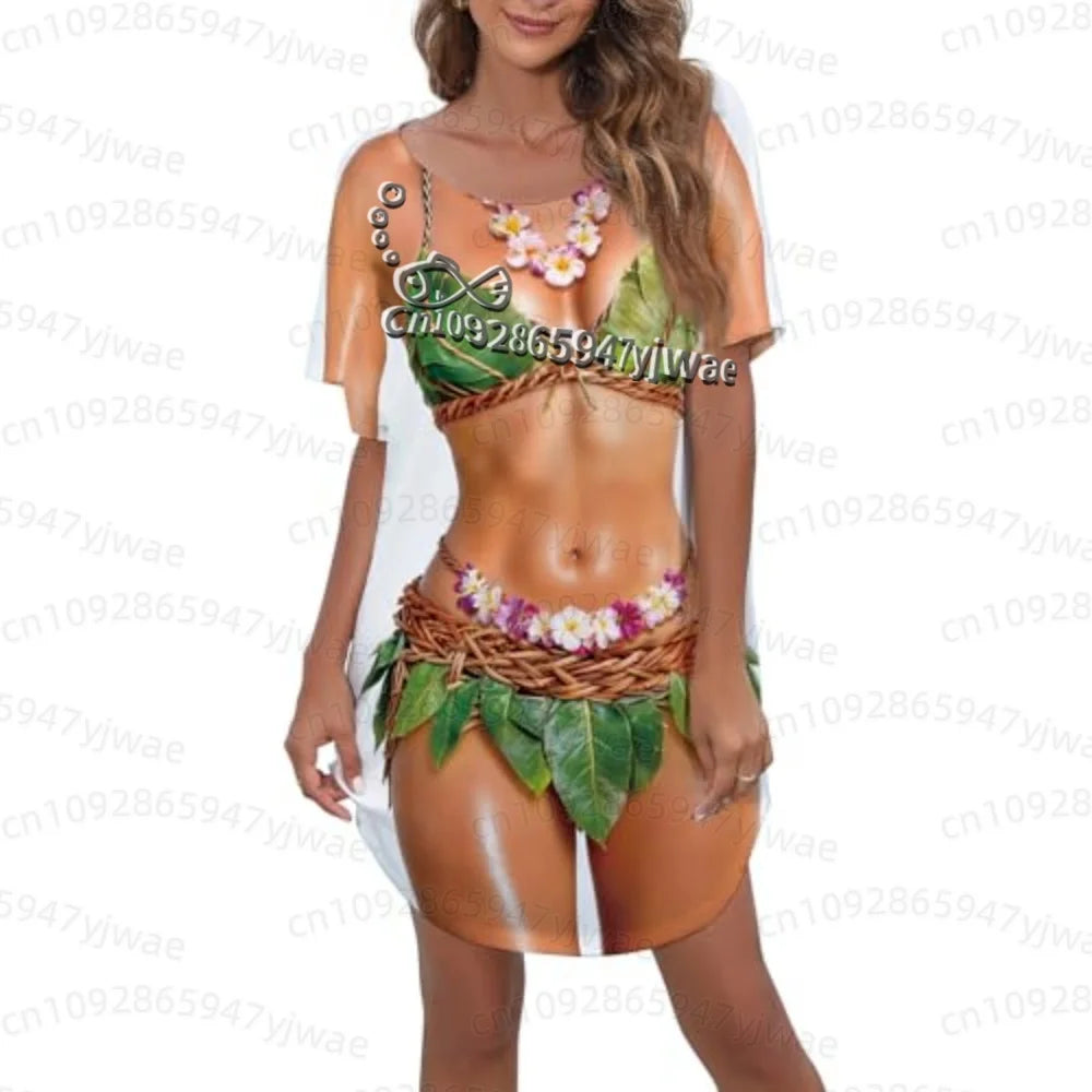 Women's 3D Bikini Print T-Shirt Dress - Casual Short Sleeve Summer Sleep & Home Dress