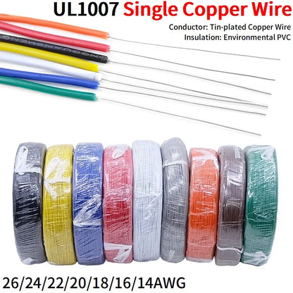 Single Core Tinned Copper Wire - PVC Insulated Electrical Cable for LED & DIY Projects (14AWG-26AWG, 5M/20M)