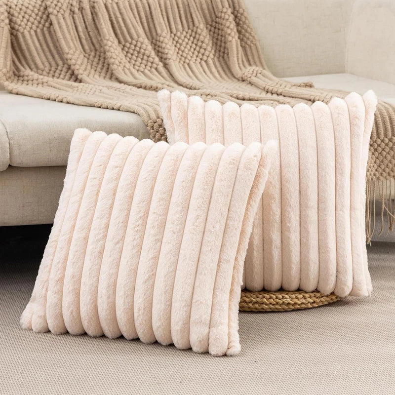 Faux Rabbit Fur Square Cushion Cover – Thick Striped Super Soft Solid Color Pillow, 45x45cm Sofa Decor