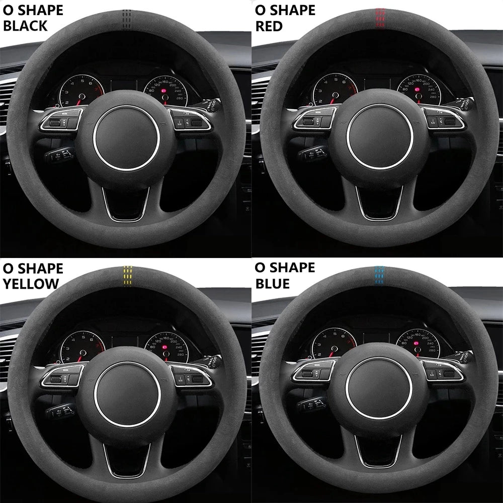 Universal 37–38cm Cowhide Suede Steering Wheel Cover, Breathable Anti-Slip Car Steering Wheel Wrap Accessory