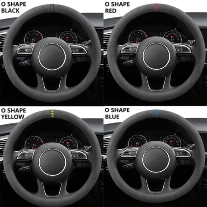 Universal 37–38cm Cowhide Suede Steering Wheel Cover, Breathable Anti-Slip Car Steering Wheel Wrap Accessory