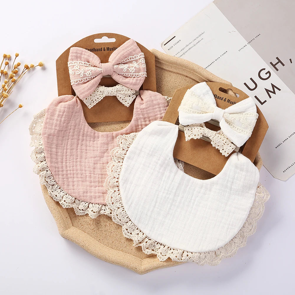 3PCS Baby Bib Set – Solid Muslin Cotton & Bamboo Feeding Drool Burp Cloth with Tassel Lace, Adjustable Infant Scarf for Boys & Girls