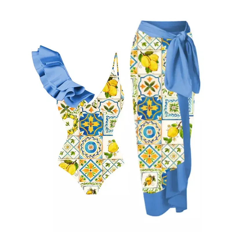 Blue One-Shoulder Ruffle Floral Monokini Swimsuit with Cover Up Sexy One Piece Beach Swimwear for Women Summer