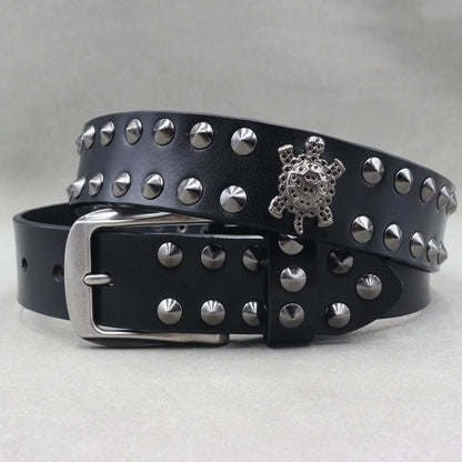 Men’s Designer Rivet Belt – Genuine Cowhide Leather Punk Rock Pin Belt for Jeans, Luxury Black Leather Belt
