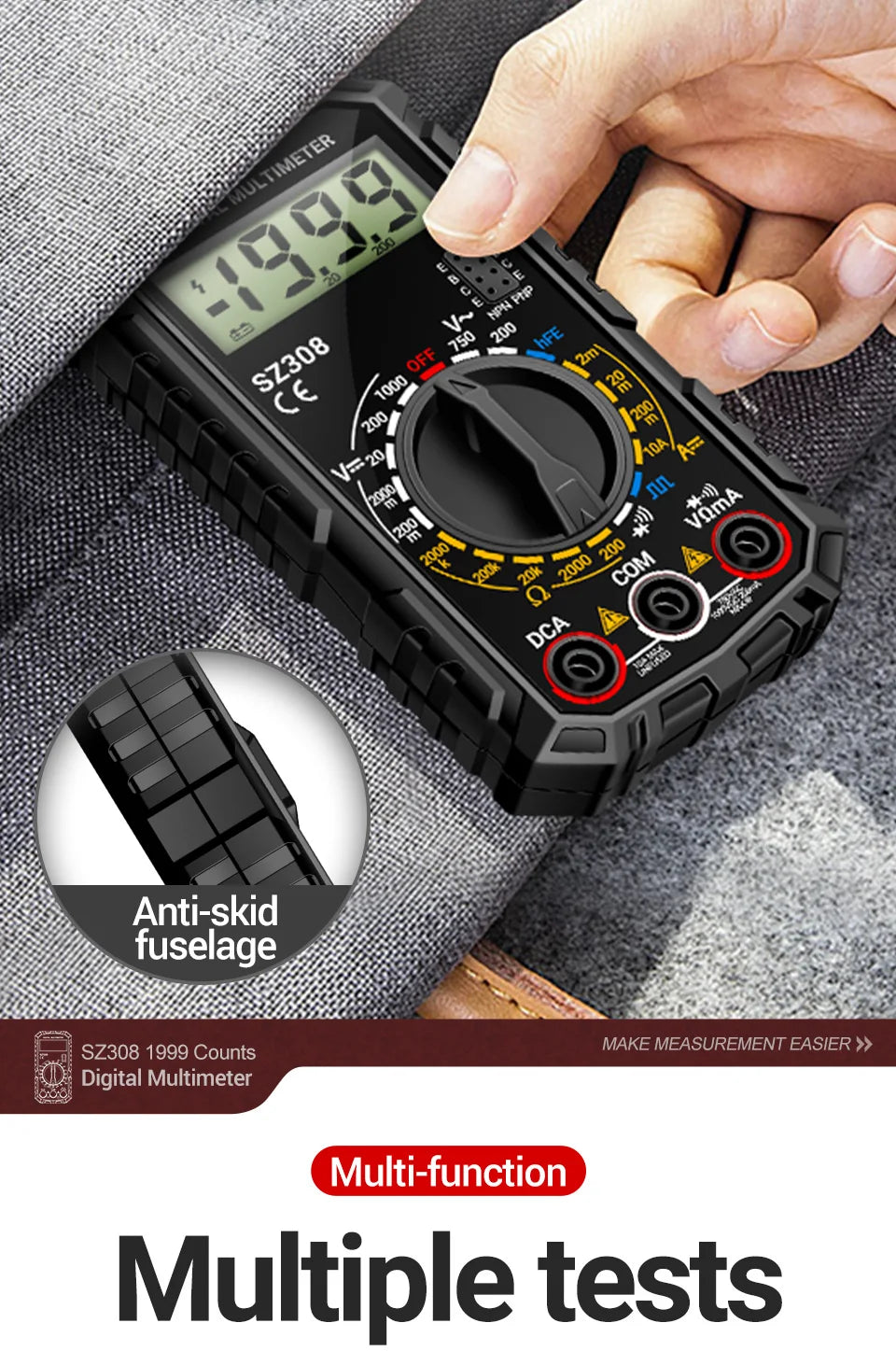 ANENG SZ308 Digital Multimeter – 1999 Count, High-Precision AC/DC Voltage, Current & Resistance Test Tool