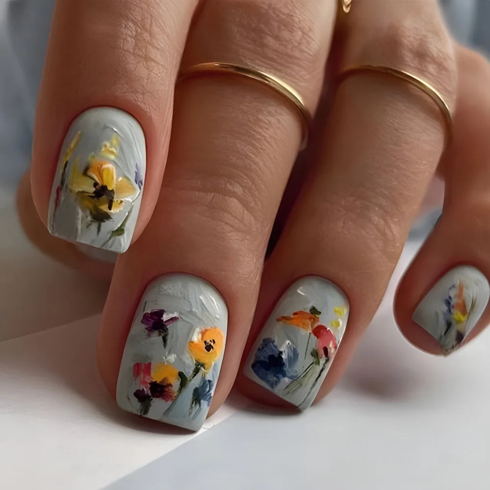 24pcs Blue Golden Stripe Press-On Nails Shiny Powder Long Square Full Cover False Nail Tips Wearable Love Design
