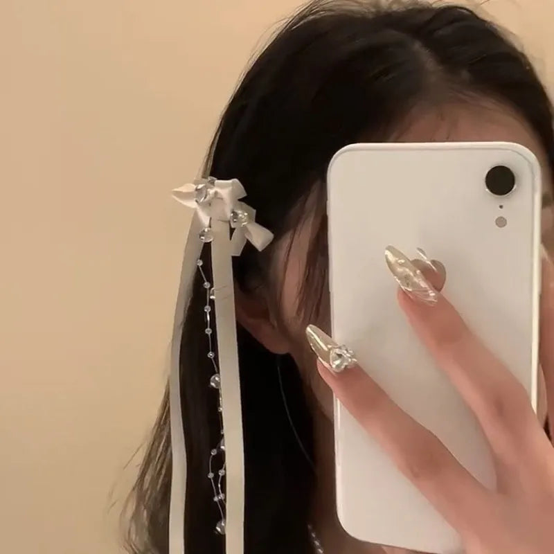 2PCS White Ribbon Bow Hair Clips – Long Tassel Bead Duckbill Clips for Women, 2024 New Model