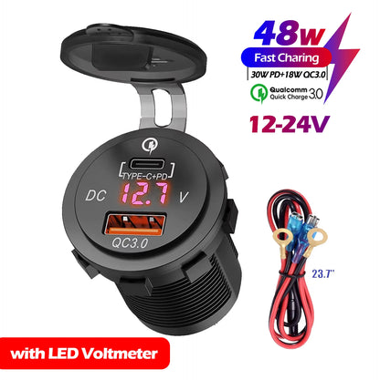 48W Quick Charge 3.0 Waterproof USB Car Charger 12V/24V PD Type-C + QC3.0 Dual USB Fast Charging Socket with LED Voltmeter for Cars, Trucks & Boats