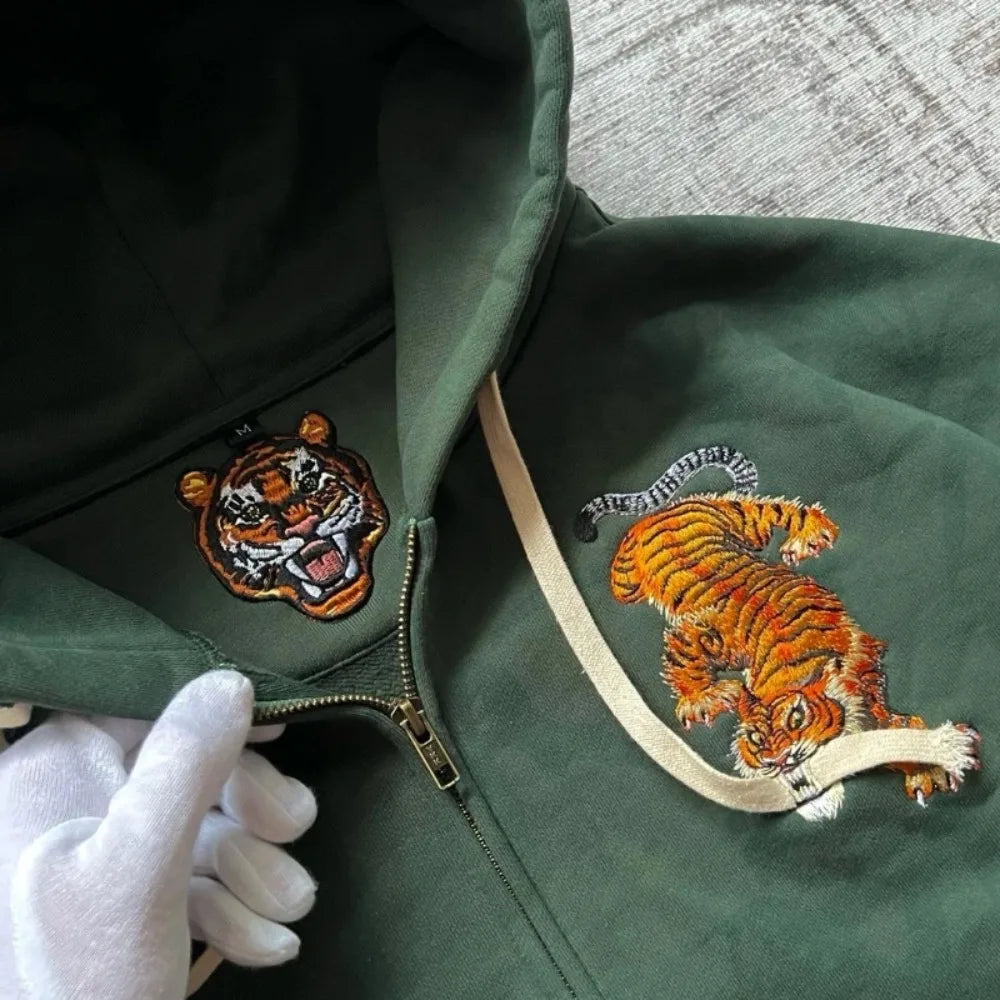 Y2K Tiger Embroidered Hoodie - Oversized Unisex Zip Up Sweatshirt with Kangaroo Pocket