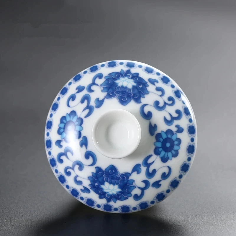 Ceramic Sancai Tea Bowl with Lid – Blue & White Porcelain Cover for Kungfu Tea Set Household Accessories