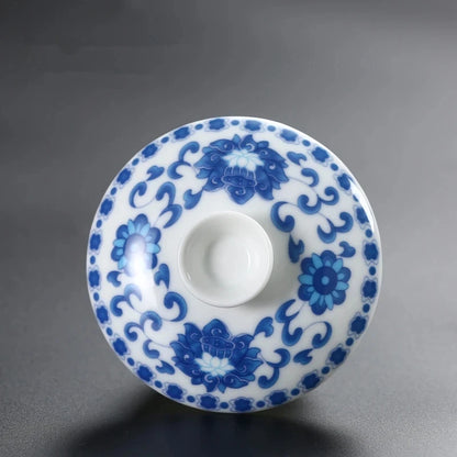 Ceramic Sancai Tea Bowl with Lid – Blue & White Porcelain Cover for Kungfu Tea Set Household Accessories