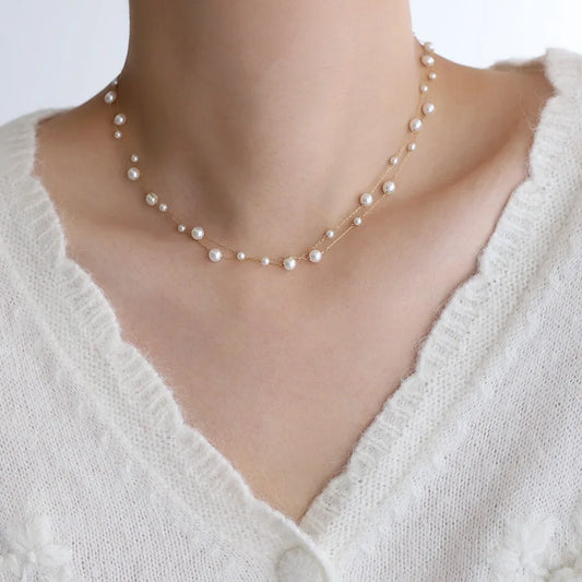 316L Stainless Steel Pearl Chain Necklace for Women, Waterproof Metal Collar Jewelry, Elegant Temperament Gift Bijoux