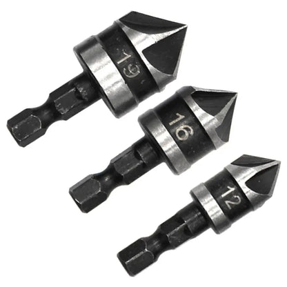 3PCS Hex Shank 90° Chamfer Drill Bit Set – 5-Blade Countersink Tool Kit 12/16/19mm for Woodworking Hole Opening