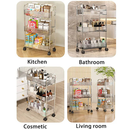 Mobile Shelf with Wheels - Multi-Layer Storage Rack Home Trolley, 2/3/4 Tiers Rolling Cart for Snacks, Cosmetics, and Sundries Organizer