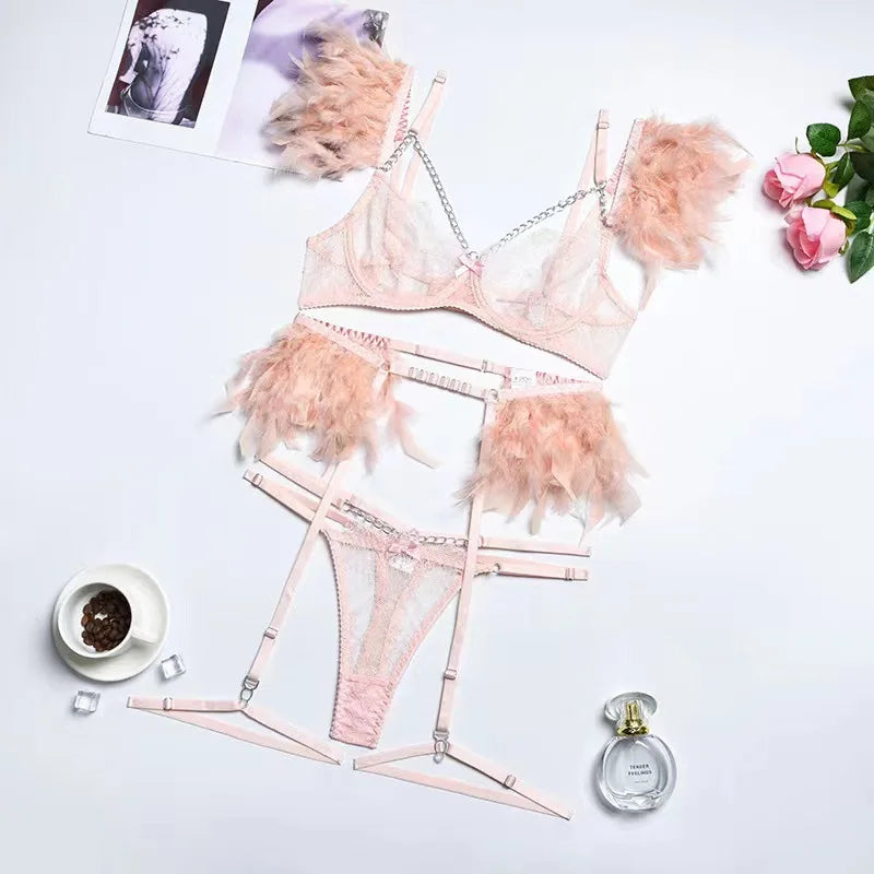 Sexy Lace G-String Lingerie Set - Feather Detail Trikini with Metal Chain and Garter Belt