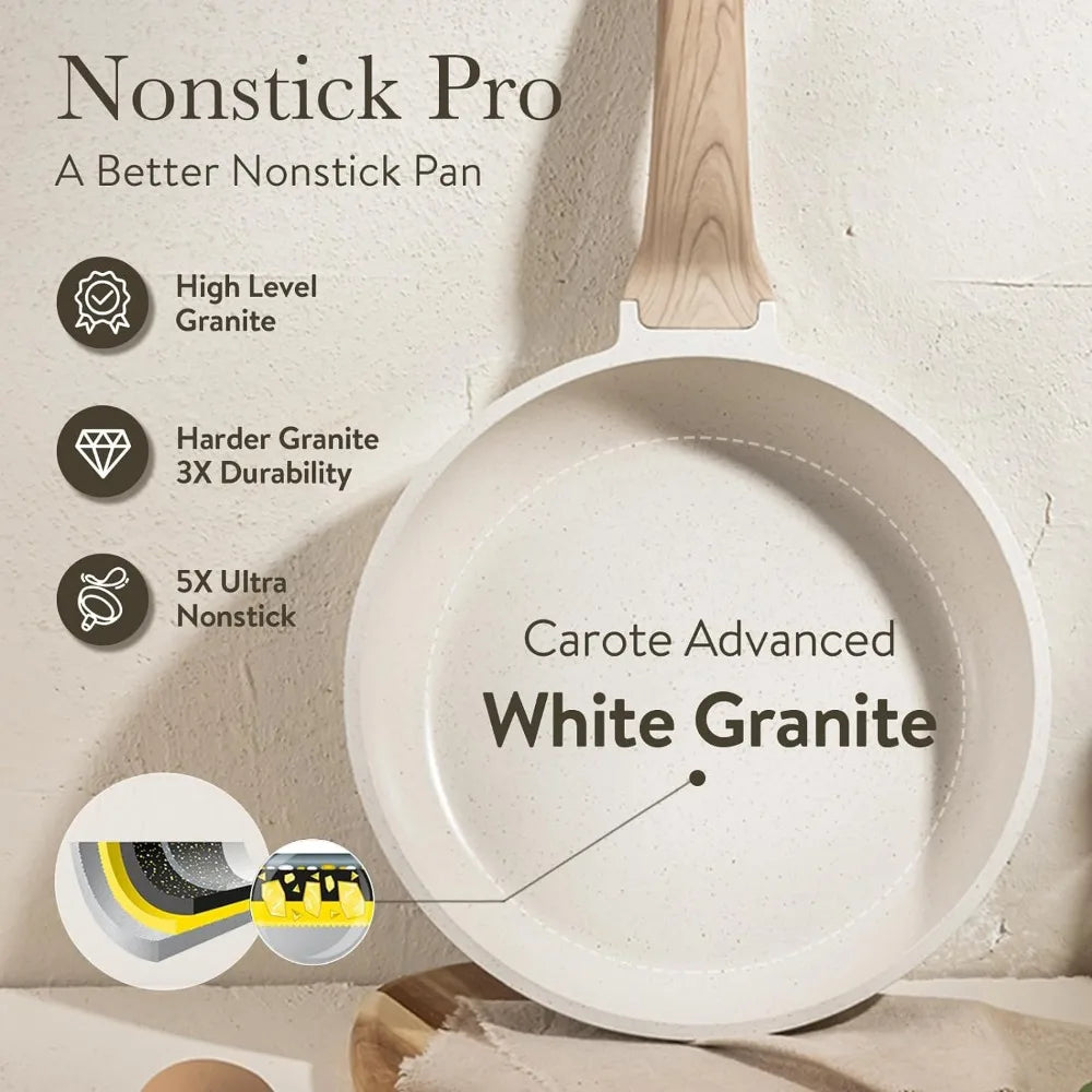 11 Piece White Granite Nonstick Cookware Set - Induction Kitchen Pots and Pans with Frying Pans