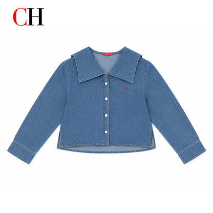 Women’s Sailor Lapel Cropped Denim Shirt - Wide Fit Embroidered Long Sleeve Casual Office Top