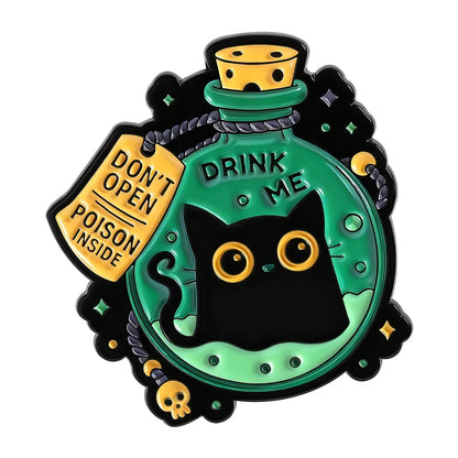 Cute Big-Eyed Black Cat Enamel Pin – Elf Magic Potion Animal Brooch for Halloween Jewelry Gift