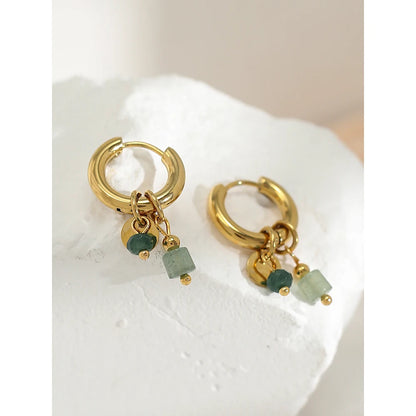 YACHAN 18K Gold-Plated Stainless Steel Hoop Earrings — Vintage Green Stone Charms, Trendy Waterproof Jewelry for Women
