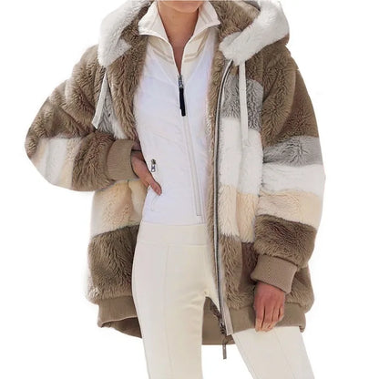 2023 Women's Oversized Jacket - Autumn Winter Warm Plush Hooded Streetwear, Loose Outerwear Coat with Pockets