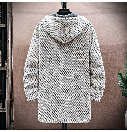 Men's Cashmere Hooded Cardigan Coat – Warm Fleece Long Sweater Jacket for Autumn Winter