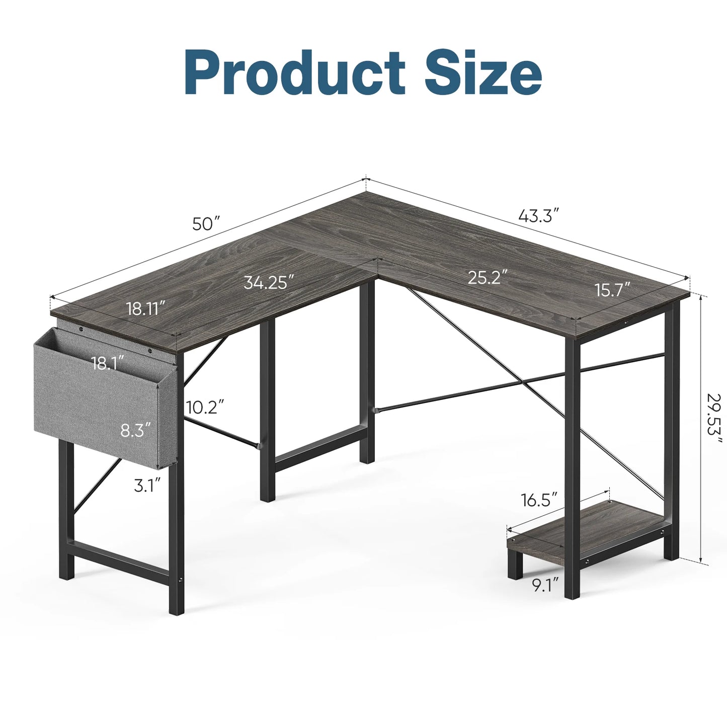 50-Inch Gaming Corner Desk – Wooden Office Writing Table with CPU Storage Shelf & Side Bag for Small Spaces
