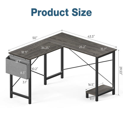 50-Inch Gaming Corner Desk – Wooden Office Writing Table with CPU Storage Shelf & Side Bag for Small Spaces