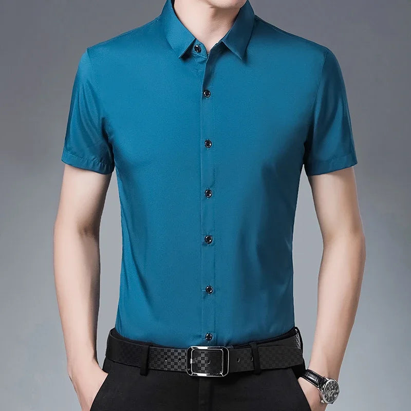 Men's Business Casual Short Sleeve Shirt - Solid Color Non-Iron Comfort Shirt