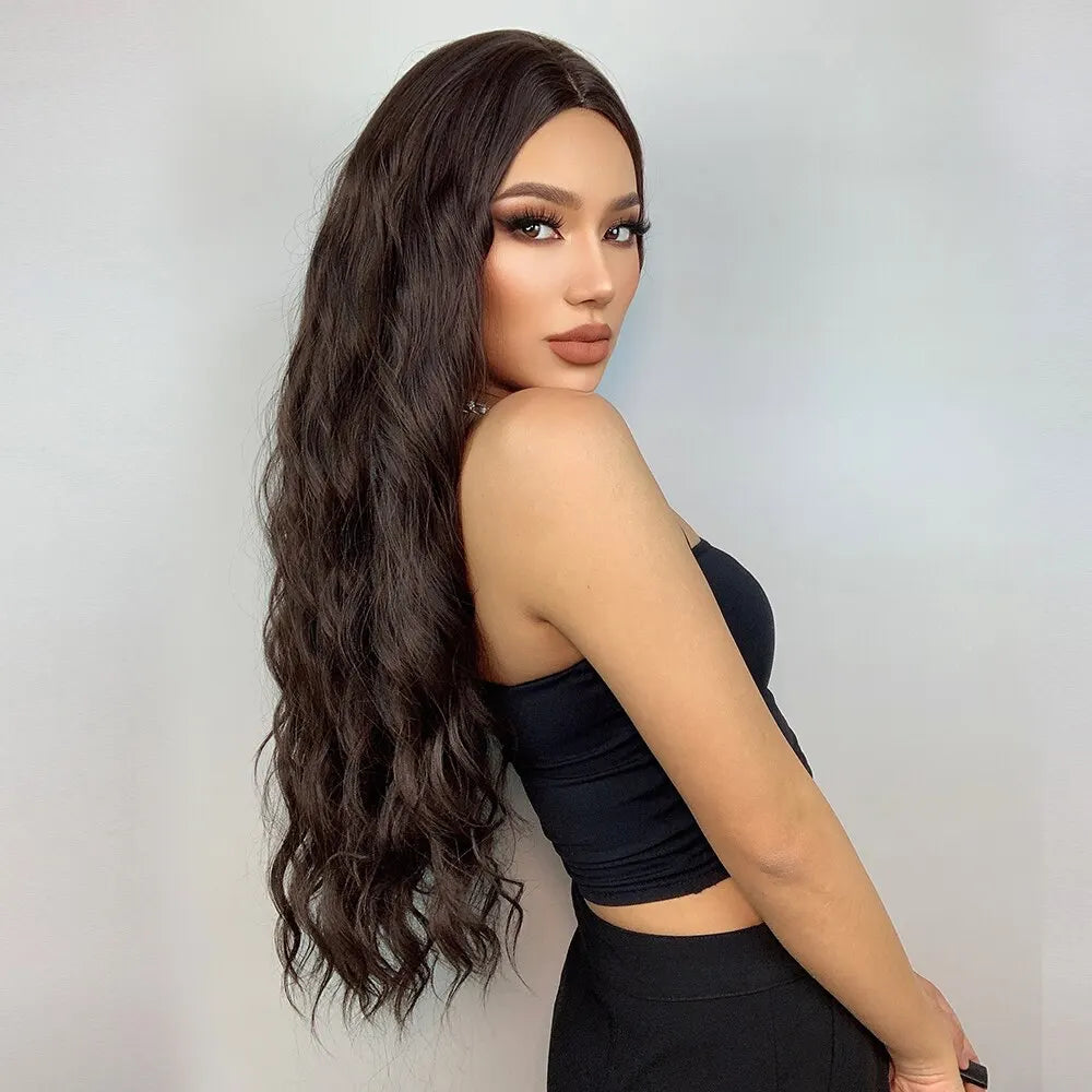 HAIRCUBE Long Brown Curly Wavy Wig: Synthetic Middle Part Wig for Women - Heat Resistant, Perfect for Any Occasion