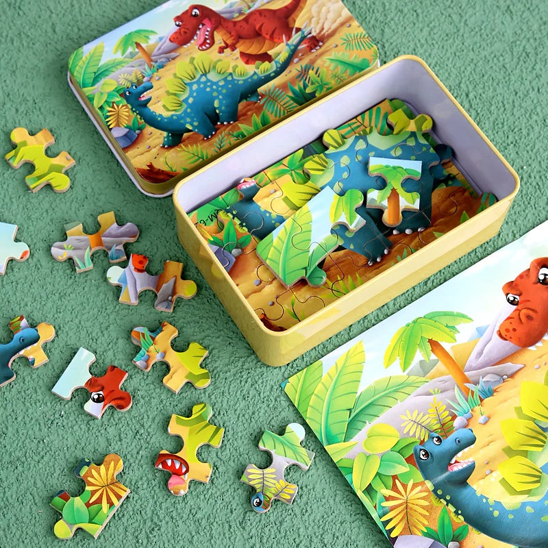 60PCS Cartoon Jigsaw Puzzle with Metal Box – Kids Educational Animal & Vehicle Puzzle Game