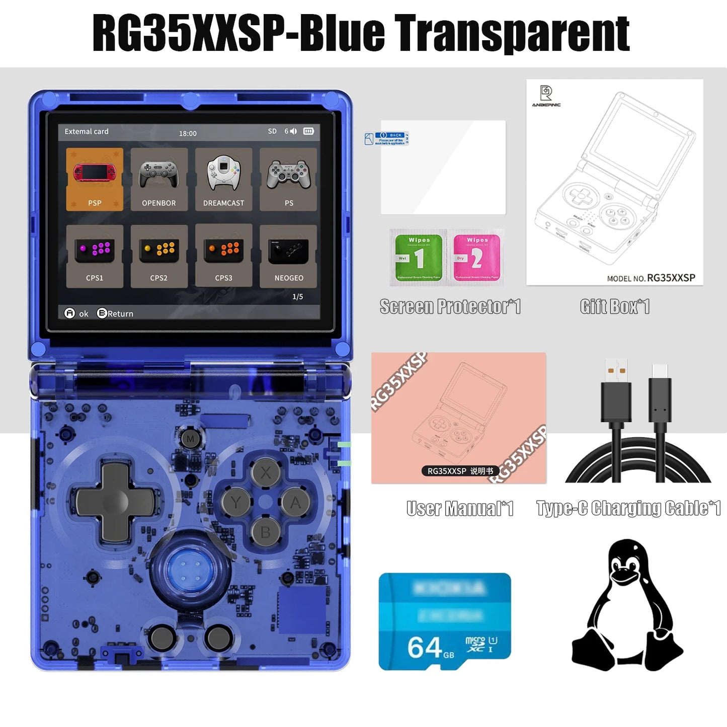 ANBERNIC RG35XXSP Flip Handheld Game Console – 3.5” IPS Display, 64GB, 64-Bit Linux, Online Play