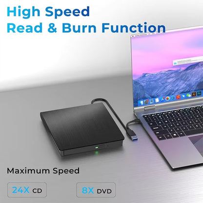 USB 3.0 Type-C External CD/DVD Drive – Slim USB 2.0 CD-RW/DVD-ROM Player for Laptops & Desktop PCs