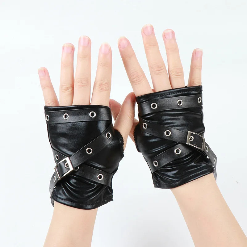 Gothic Fingerless Gloves - Black Short Leather Punk Wristband with Metal Buckle