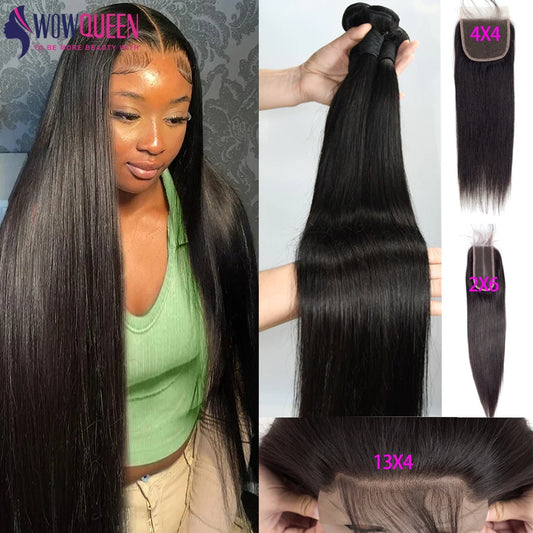 Straight Human Hair Bundles With Closure - Raw Brazilian Hair Extensions 2x6 4x4 13x4 Transparent Frontal Weave Set