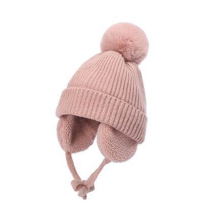 Winter Baby Beanie Hat with Pompom & Earflaps – Thick Wool Plush Knitted Cap for Girls & Boys, Ages 2-8T